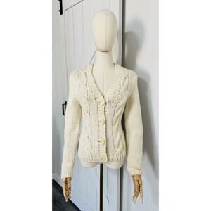 VTG Express Size M Chunky Knit Hand Knit 100% Merino Wool Cardigan Sweater Ivory